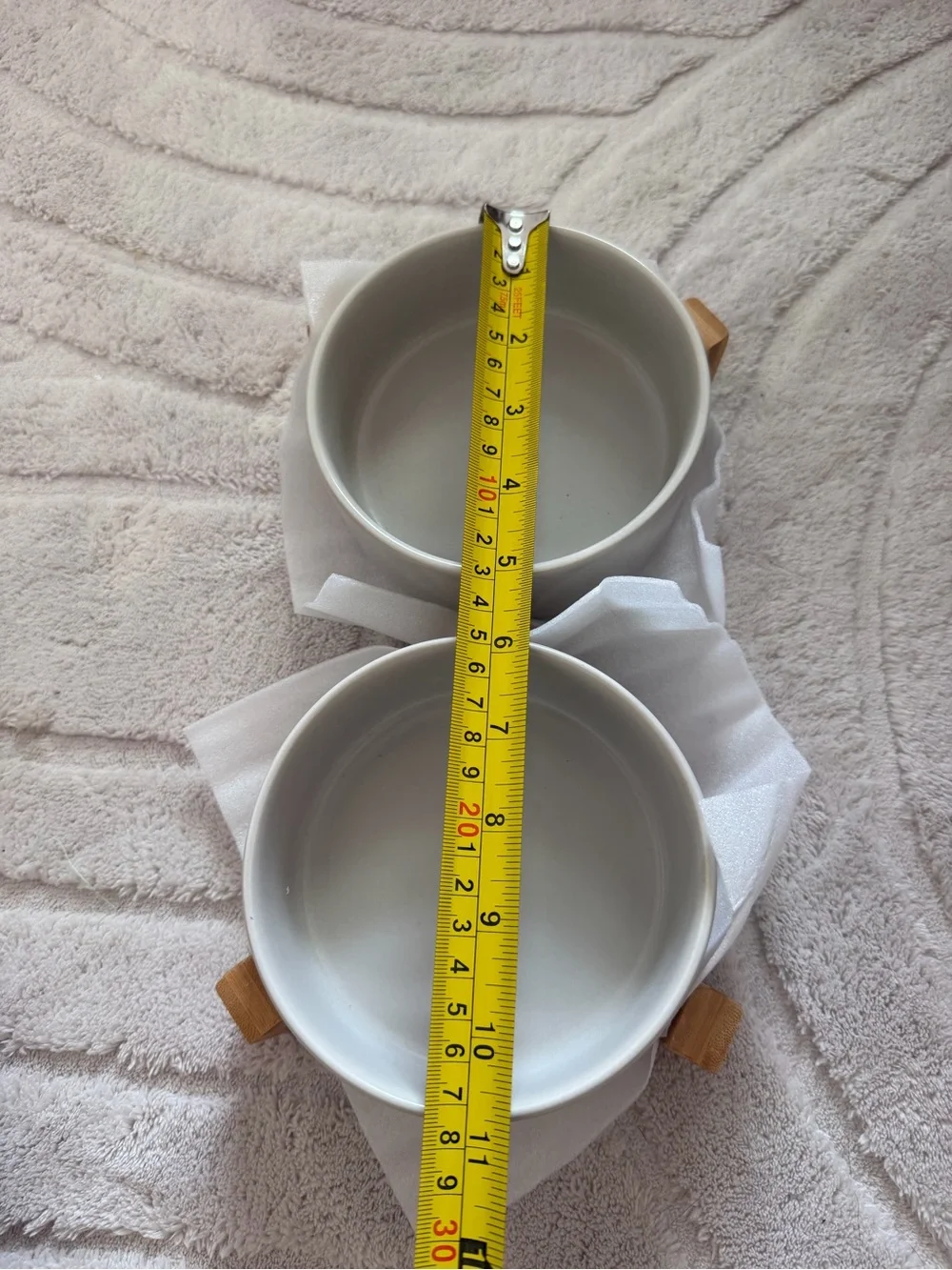 Modern Gray Ceramic Double Dog Bowl with Bamboo Stand